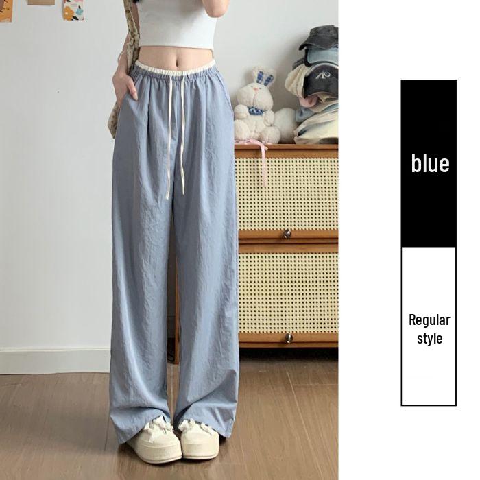 

Women s Summer Ice Silk Wide-Leg Drawstring Pants - Minimalist Color Block Design S синій
