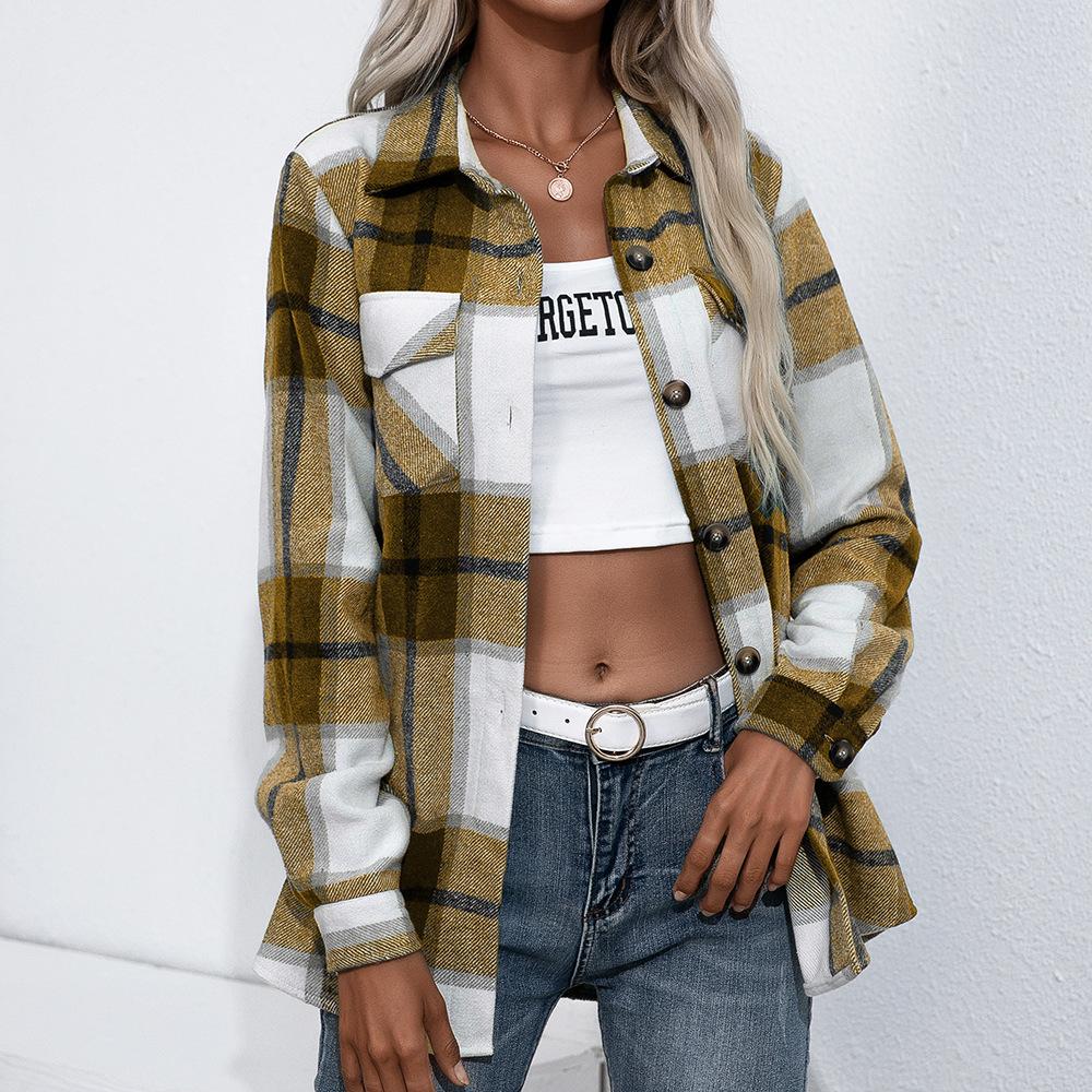 

Women Fall Winter Casual Plaid Thick Shirt Cardigan Top Turn-down Collar Single Breasted XS жовтий