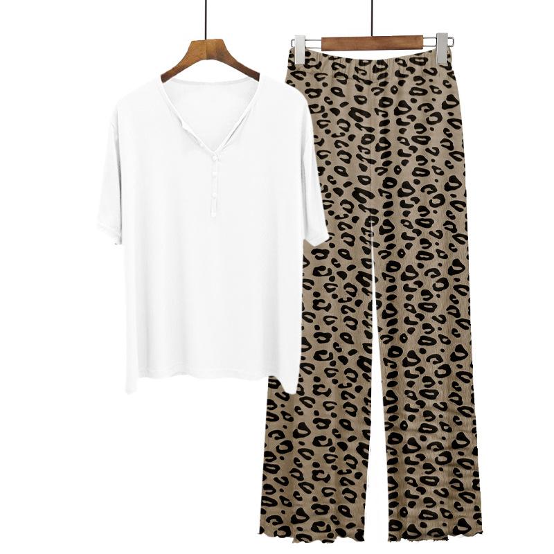 Women's Modal Pajama Sets Summer Short Sleeve Tshirts and Pants Fashion Leopard Homewear Suit Plus Size Loose Casual 2pcs Clothing