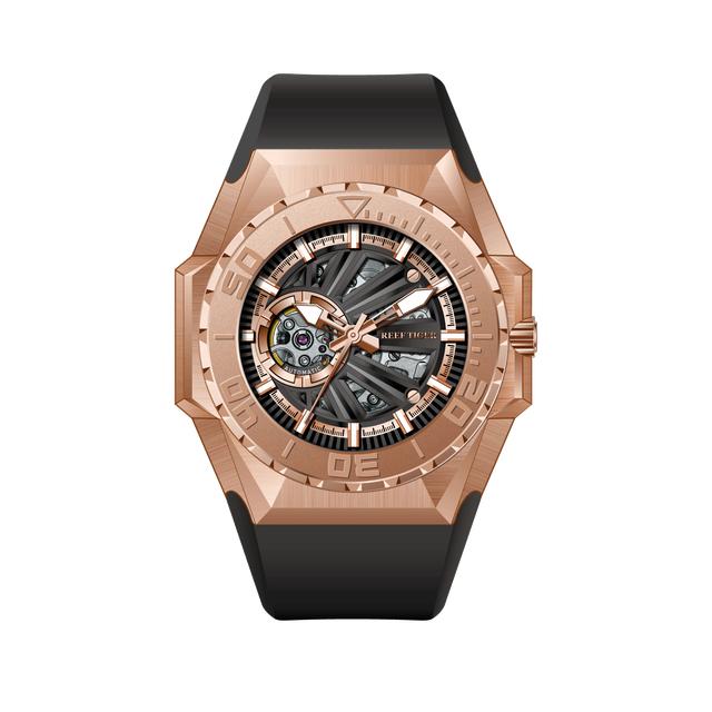 

Чоловічі спортивні годинники Dive Rose Gold Skeleton для чоловіків Автоматичні механічні годинники Гумові аксесуари для годинників RGA6903-S синій