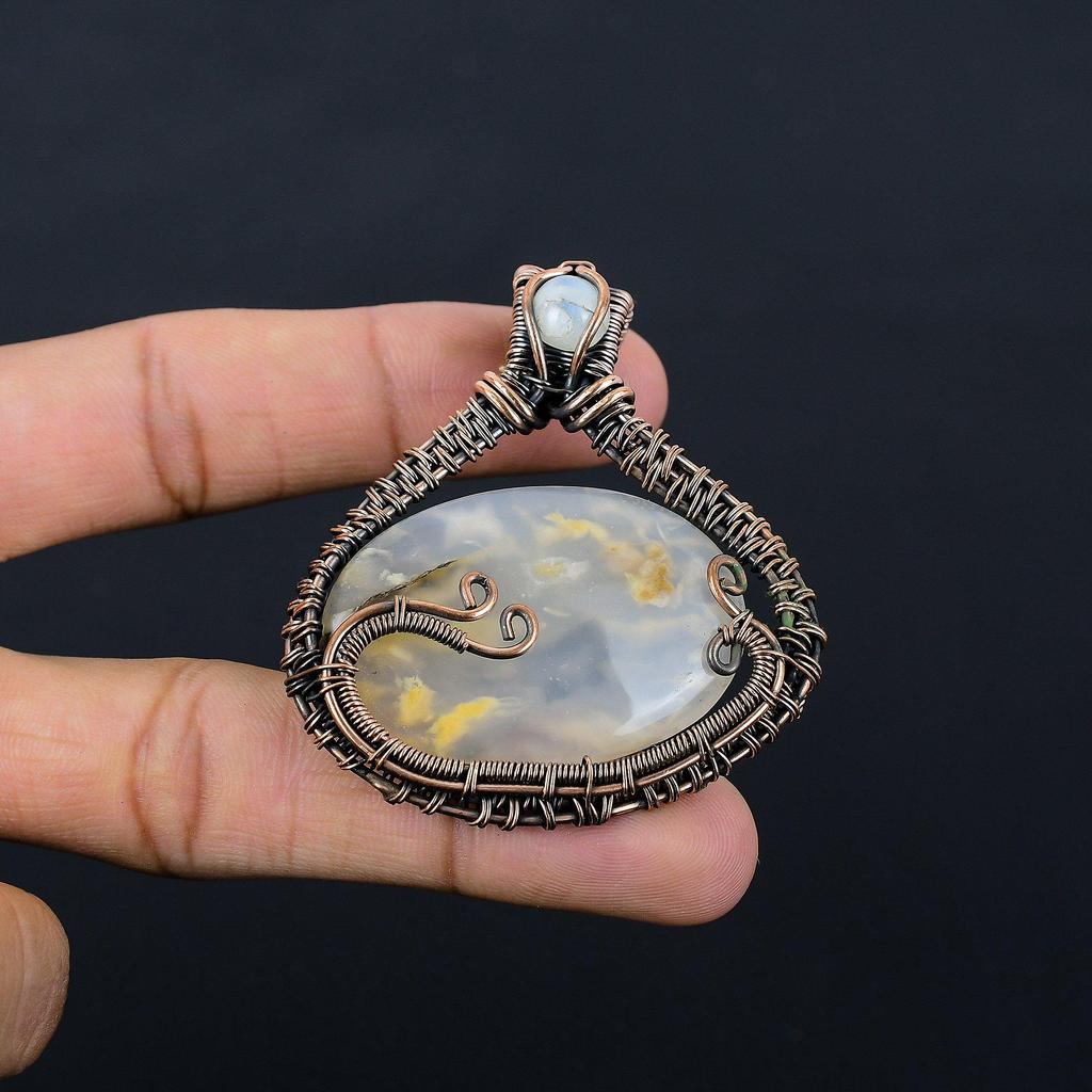 Tiger Dendrite Gemstone Pure Copper Wire Wrapped Handmade Pendant Jewelry