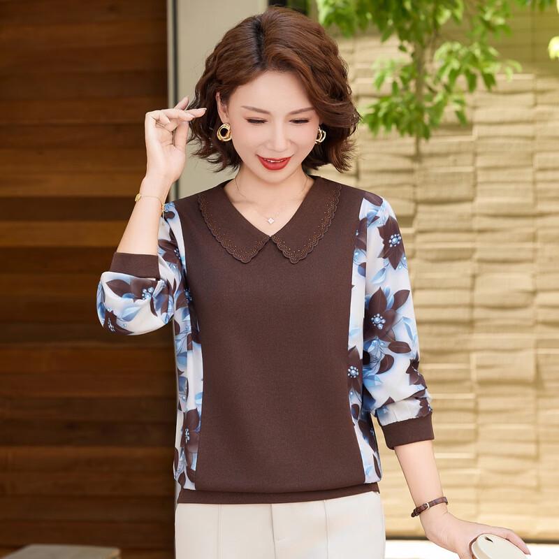 Elegant Floral Long-Sleeve Top for Middle-Aged Women