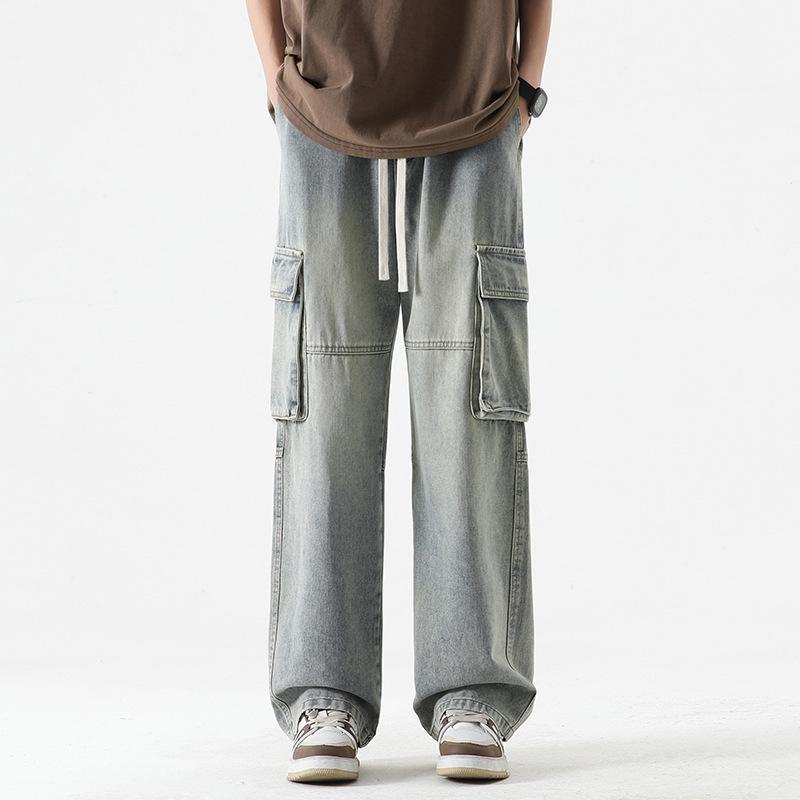 LKTM Men's Japanese Retro Multi-Pocket Workwear Jeans - Loose Straight Wide-Leg Pants