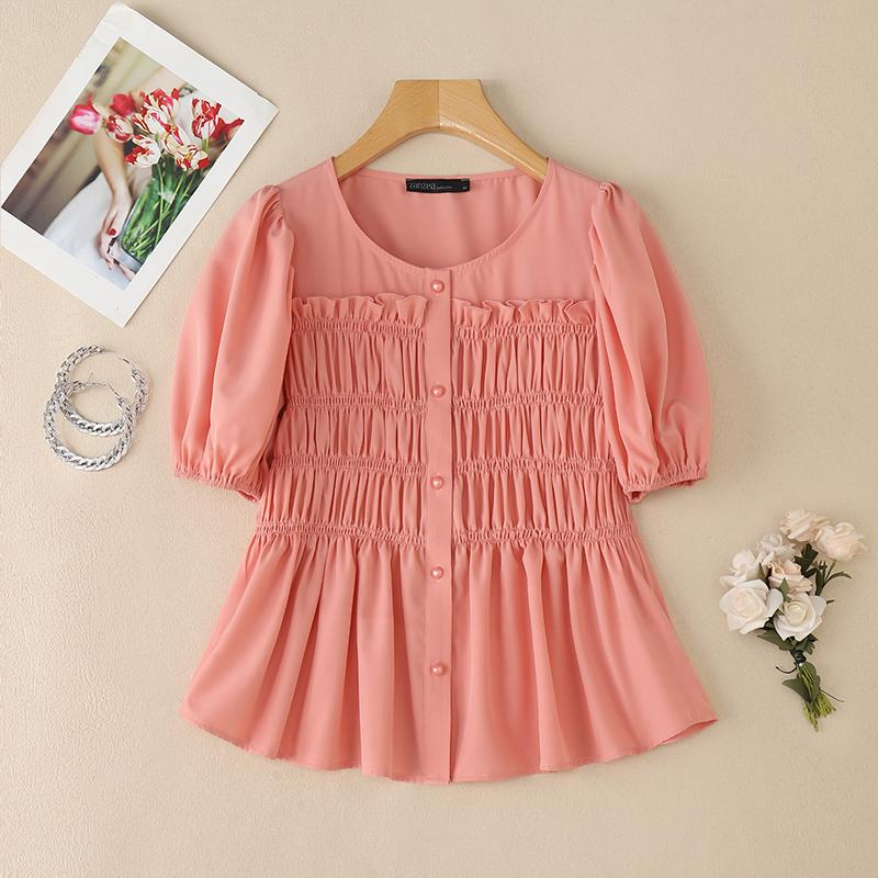 

ZANZEA Женская повседневная блузка с круглым вырезом, однотонная, с коротким рукавом розовый