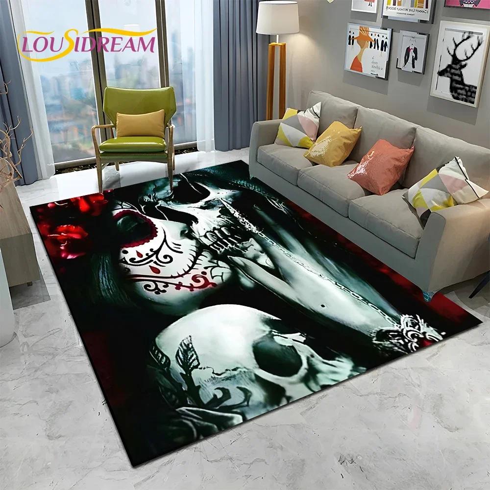 Horror Gothic Female Skull Dead Girl Teppich Teppich für Zuhause Wohnzimmer Schlafzimmer Sofa Fußmatte Dekor, Kinderbereich Teppich rutschfeste Bodenmatte