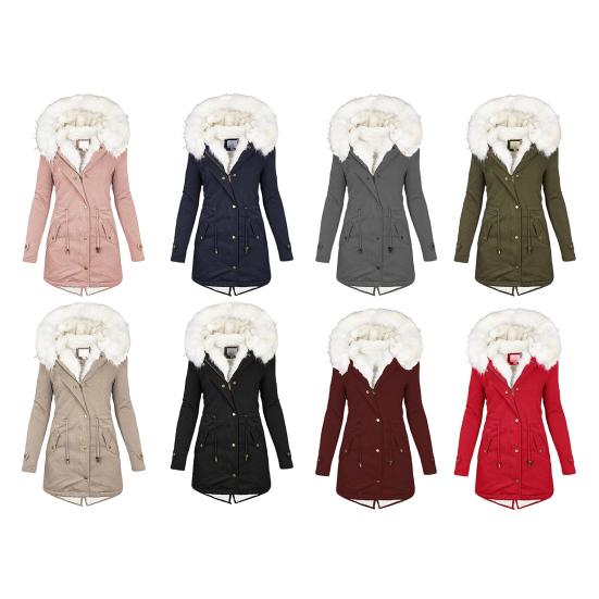 Abrigo de invierno de algodón para mujer, talla grande, capucha de piel sintética, forro polar, cremallera y botón a presión.