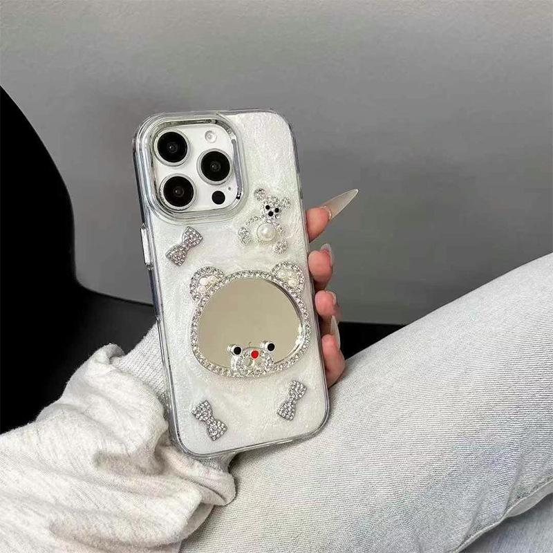 Pearl Bow Bear Mirror Mobile Phone Case For Iphone17Pro Epoxy Apple 15 Glitter 14 Women'S Models