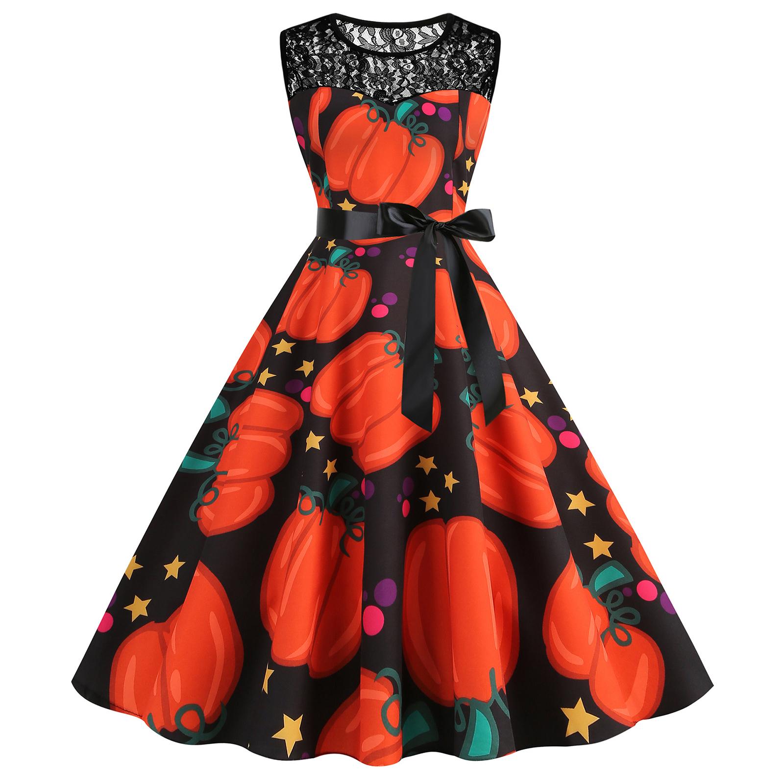 

Women s Hepburn-Style Retro Lace Round Neck Sleeveless Halloween Printed Dress L красный
