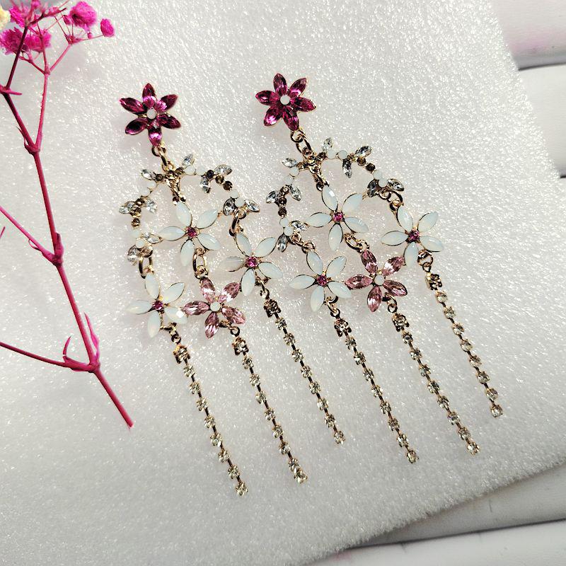Vintage Rhinestone Tassel Earrings with Geometric Floral Design