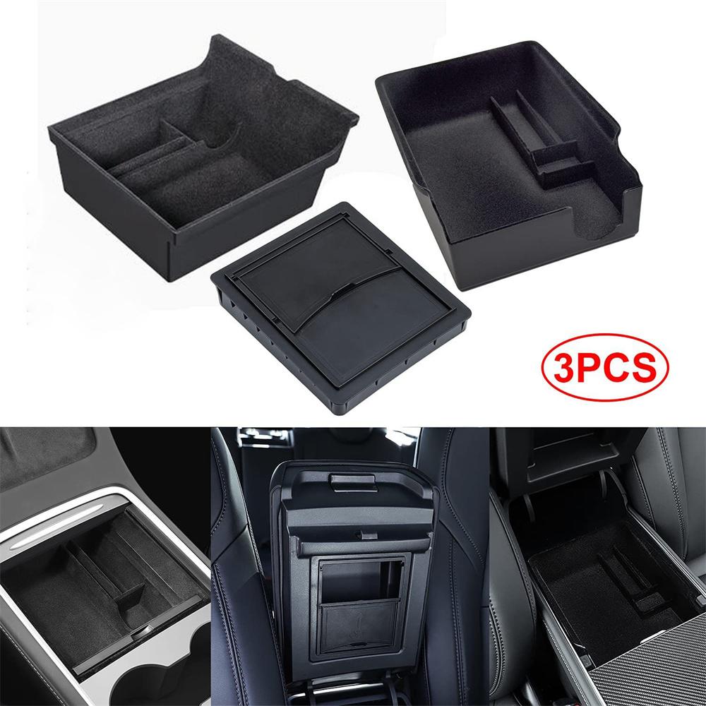 3Pcs Flocked Center Console Organizer Tray Storage Box For 2021 2022 Tesla Model3 Model Y