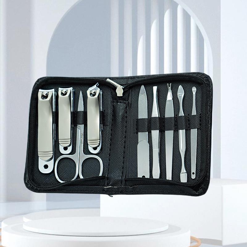 Stainless Steel 9-Piece Manicure & Pedicure Set with Tweezers and Nail Clippers In Black.