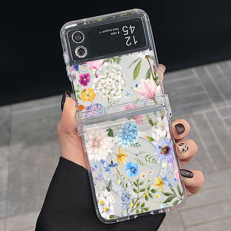 3PCS Foldable Shockproof Case for Samsung Z Flip6 Flip5 Flip4 for Magsafe Magnetic Beautiful Flower Pattern Clear Hard Pc Slim Case Cover