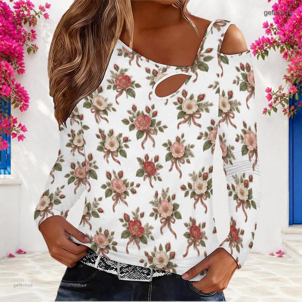 Women Plus Size White Asymmetric Cutout Neck Cold Shoulder Long Sleeve Floral Printed Top