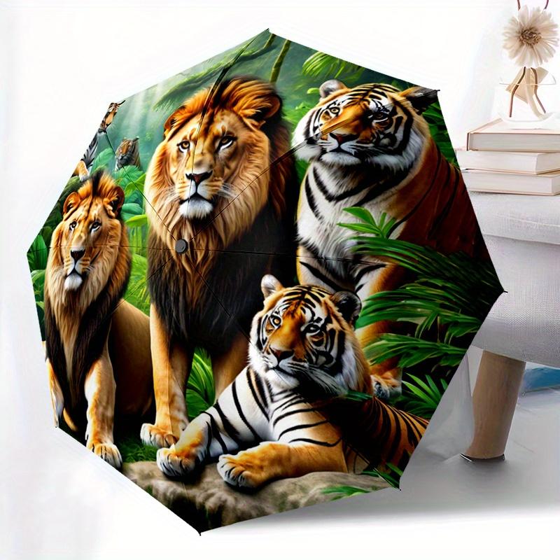 

1 Jungle Animal Lion and Tiger Pattern Umbrella - Multi functional Foldable Umbrella with Durable Iron Frame and 8 Ribs, Suita (as the picture,Iron&8K)