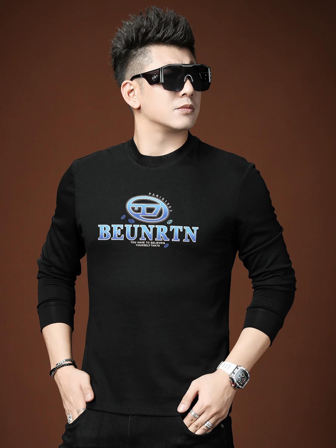 

European Trendy Brand Long-Sleeve T-Shirt for Men with Letter Print, 2025 Autumn New Style, Half-High Collar Base Shirt, Autumn Top 4XL чёрный