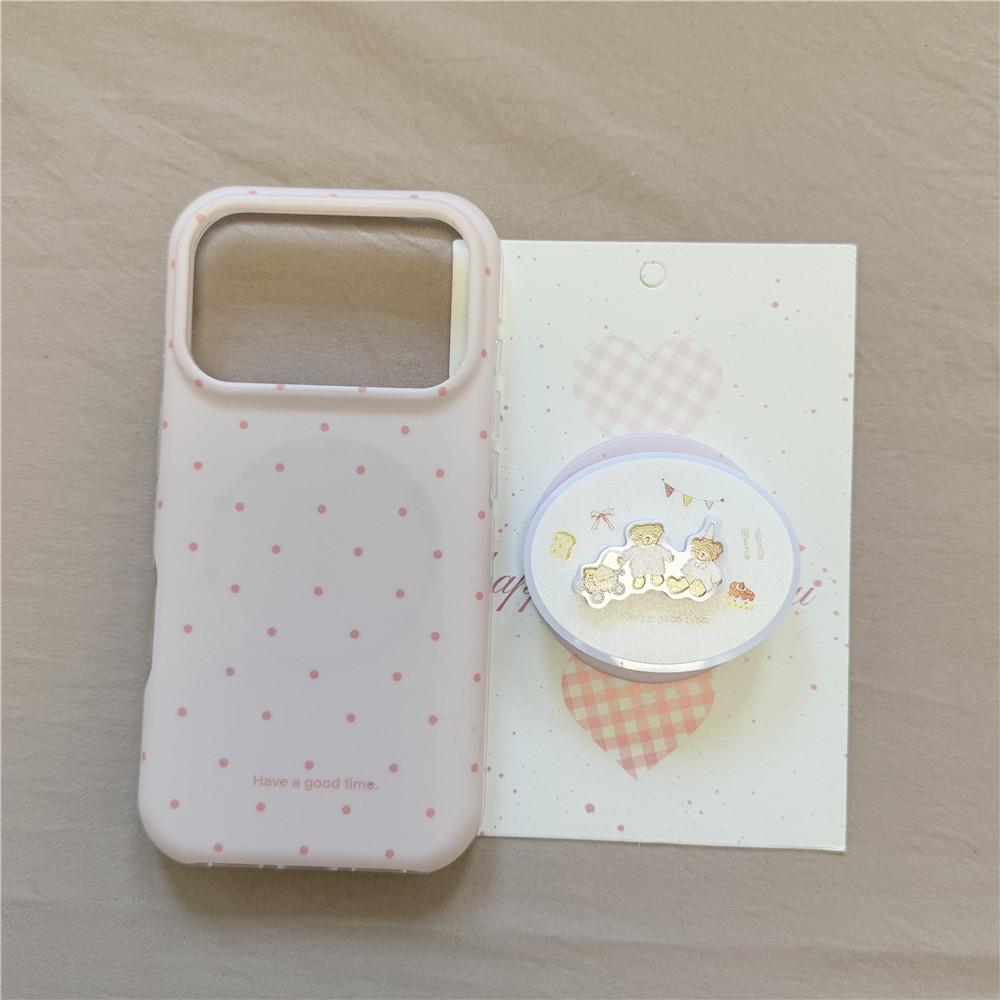Korean-Style Pink Polka Dot iPhone Case: Drop-Proof, 16Pro Magnetic, 15PM Bear Stand, 14/13 Frosted