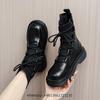 Fashion Black Leather Cross Lace Up Boots Women Fashion Round Toe Platform Flat Heel Ankle Boots Stretch Cloth INS Real Leather Shoes