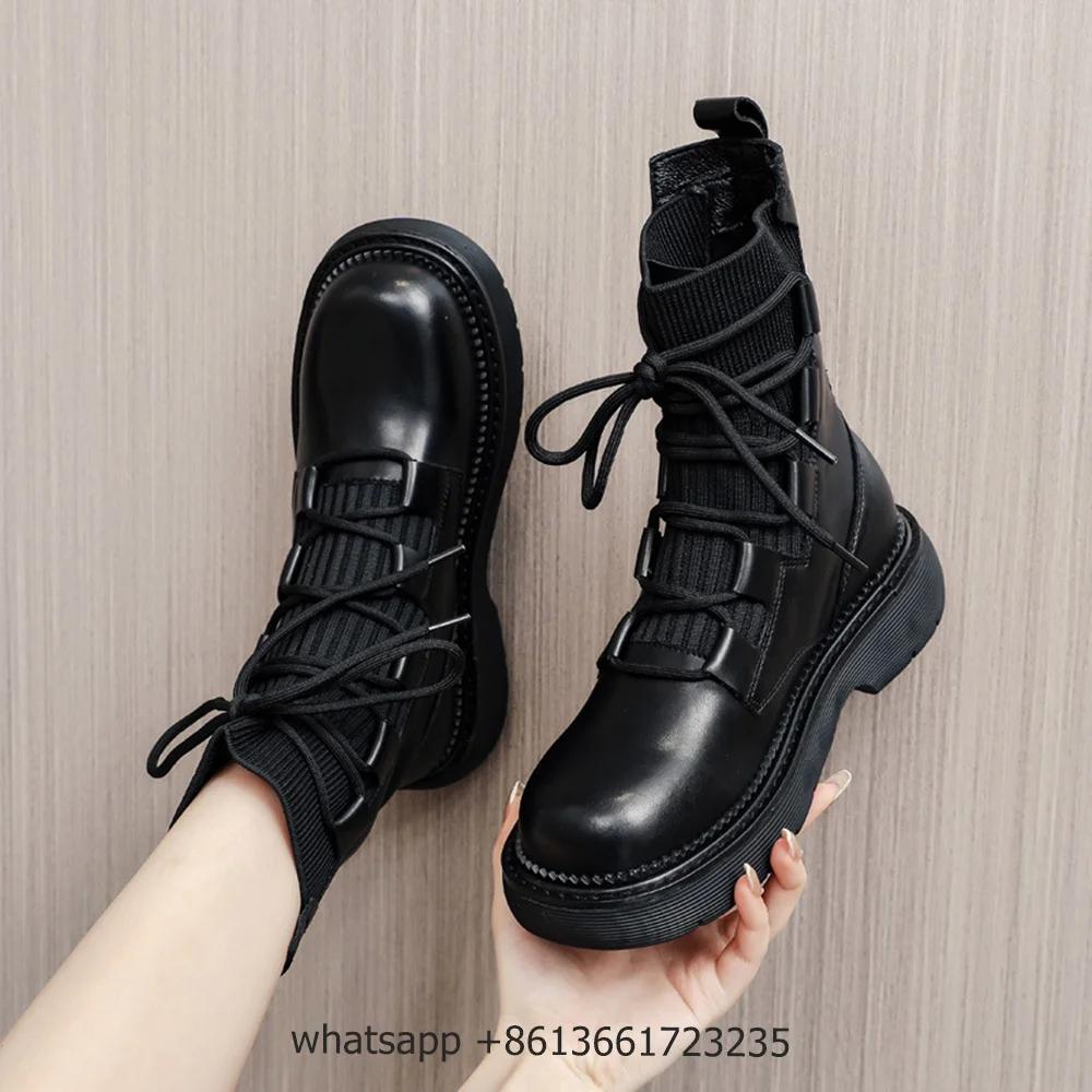 Fashion Black Leather Cross Lace Up Boots Women Fashion Round Toe Platform Flat Heel Ankle Boots Stretch Cloth INS Real Leather Shoes