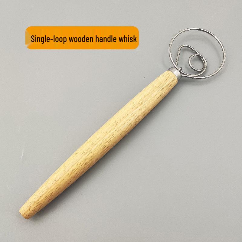 Danish Wooden-Handled Single Coil Dough Mixer: Manual Handheld Baking Tool for Flour Blending