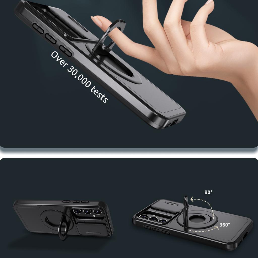 For Samsung Galaxy A55 5G Case Magnetic Kickstand TPU+PC Phone Cover with Slide Lens Lid