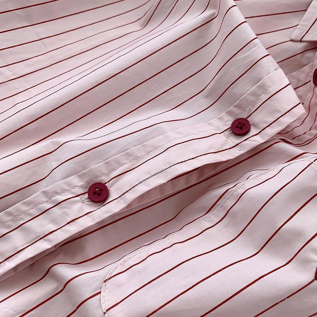 Damen Rosa Nadelstreifen Besticktes Polokragen Langarmhemd - Koreanisches Frühlingsdesign