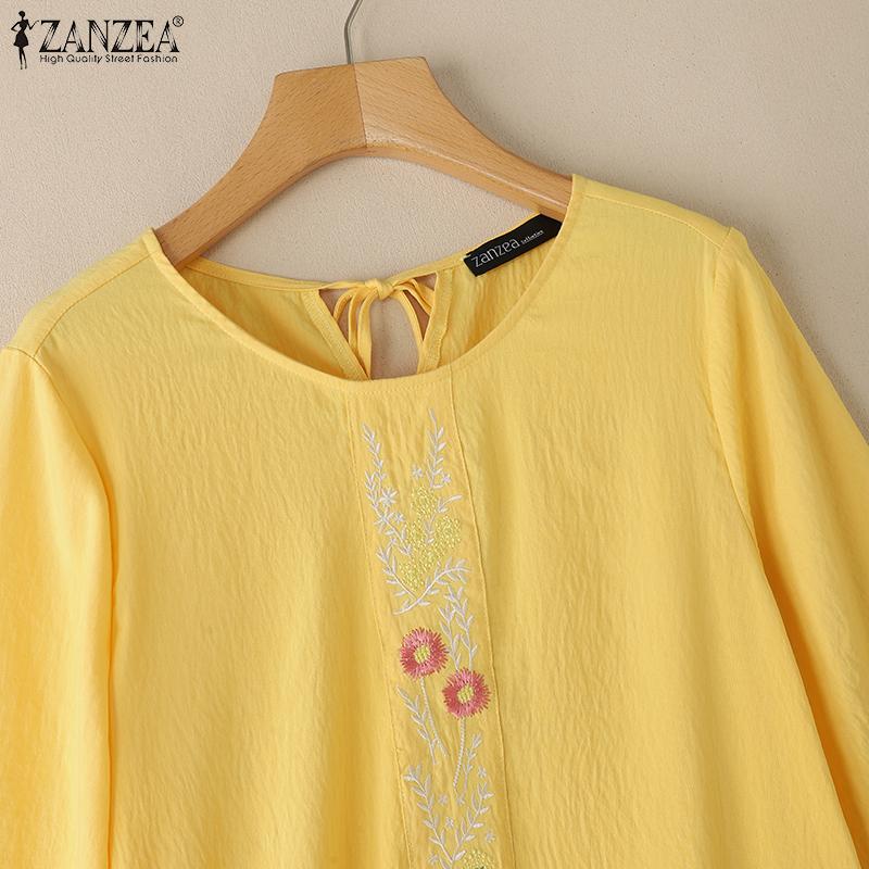ZANZEA Women Casual Round Neck Floral Embroidery Loose Half Sleeve Blouse