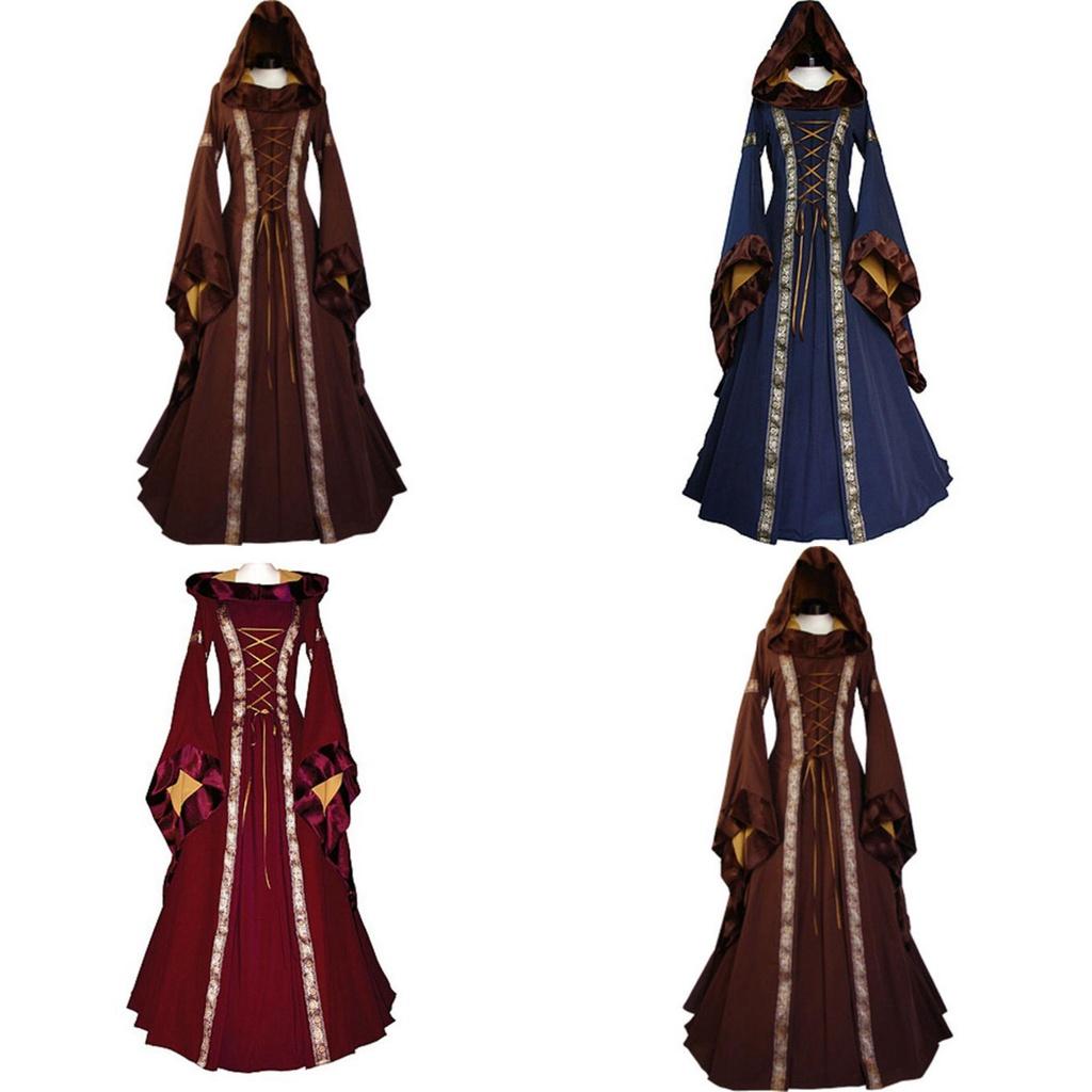 Women's Vintage Gothic Medieval Dress Costume Retro Hooded Victorian Renaissance Dress