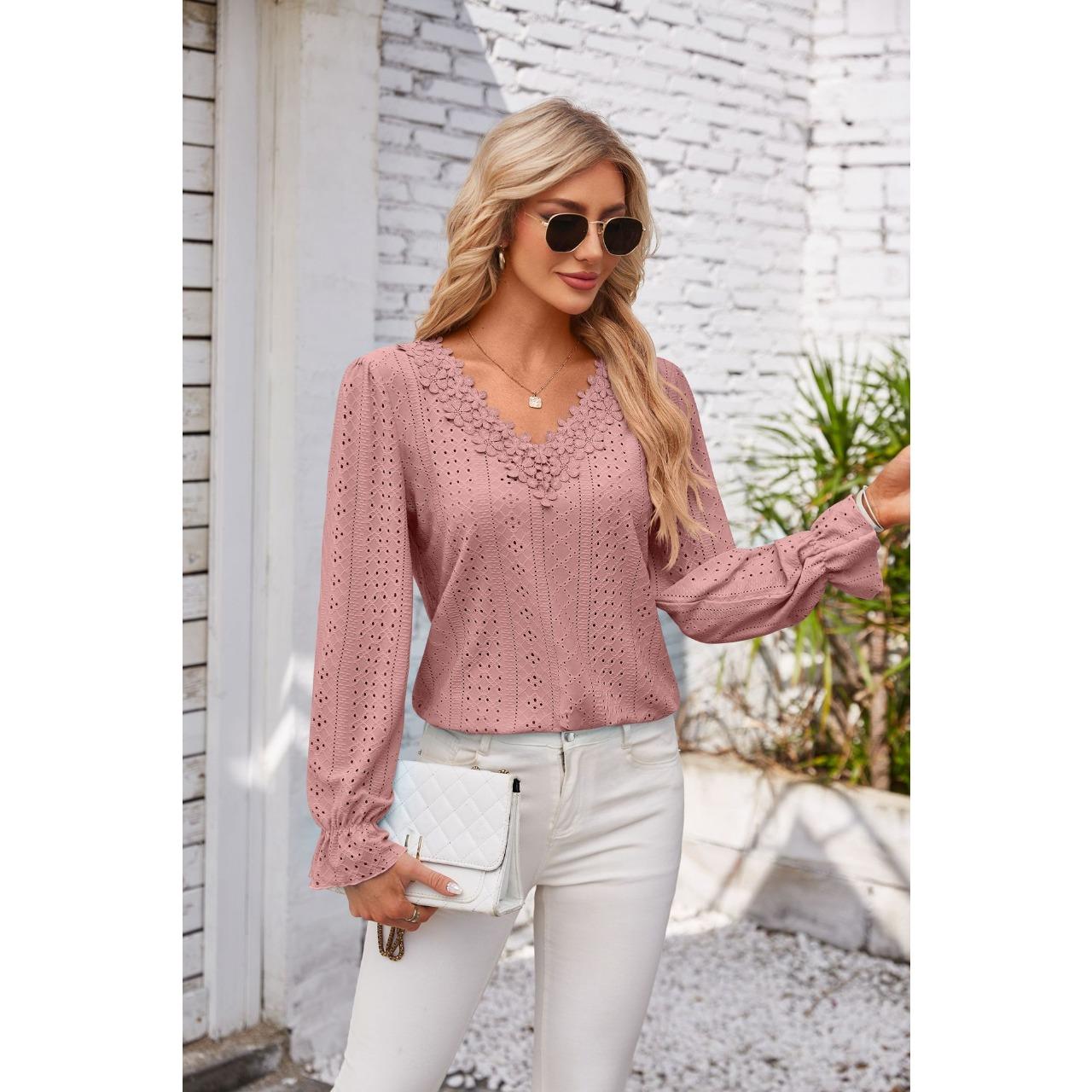 

GMXIA Весна Лето Однотонный Лонгслив с V-образным вырезом Повседневный Свободный Топ Футболка Женский L