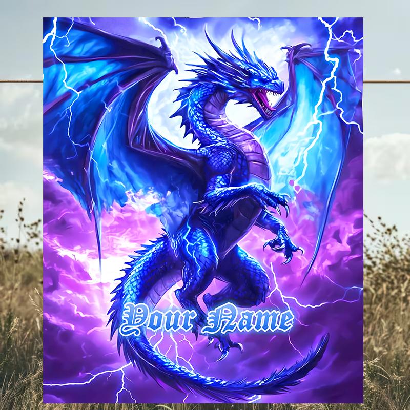 1PC Custom Name Blue Dragon Thunderstorm Outdooor Flannel Blankets Patterns Throw Blanket All-Season Soft Gift for Couch, Bed, Camping Gifts