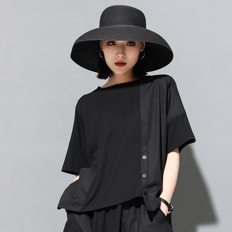 

Женская футболка с коротким рукавом в стиле дарк, пэчворк, лето 2025 M (95-125 lbs) чёрный