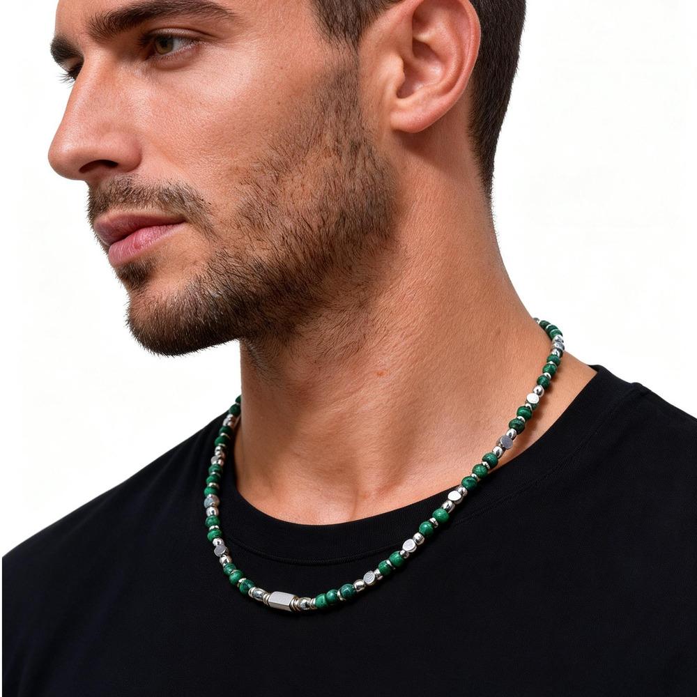 Trendy Men's Natural Stone Beaded Necklace,Classic Unique Stainless Steel Metal Bead Choker,Bohemian Jewelry Gift for Son Dad