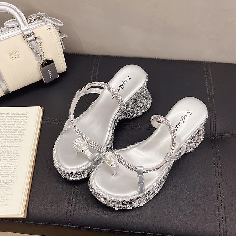 Sequined Wedged Slippers Femininity Thick-soled Outer Wear Summer Small Man Set Toe Rhinestone Cold Slippers
