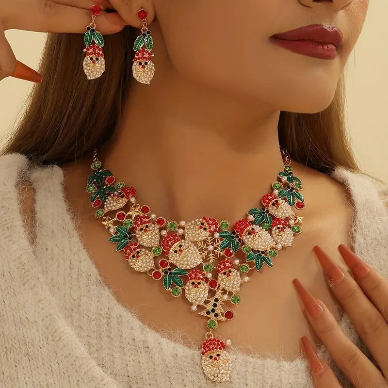 

3 шт./набор Элегантный Милый Рождественский Цирконовый Набор, Подвеска-Колье в виде Рождественского Венка Санты со Стразами + Серьги для Женщин Модные Цирконовые Подарки 50cm