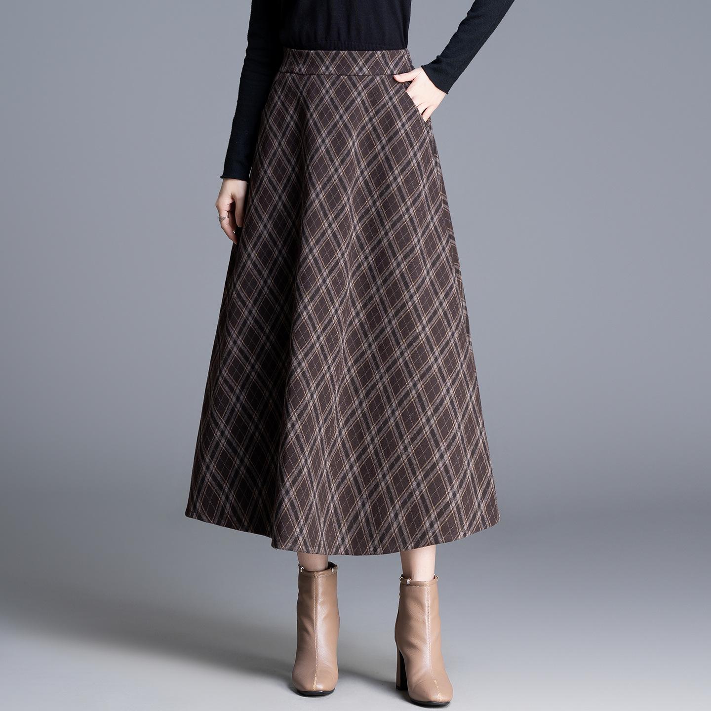 Chic High-Waisted Plaid A-Line Skirt - 2025 Autumn/Winter, Long Length, Women s Cozy Fashion Medium кофейный