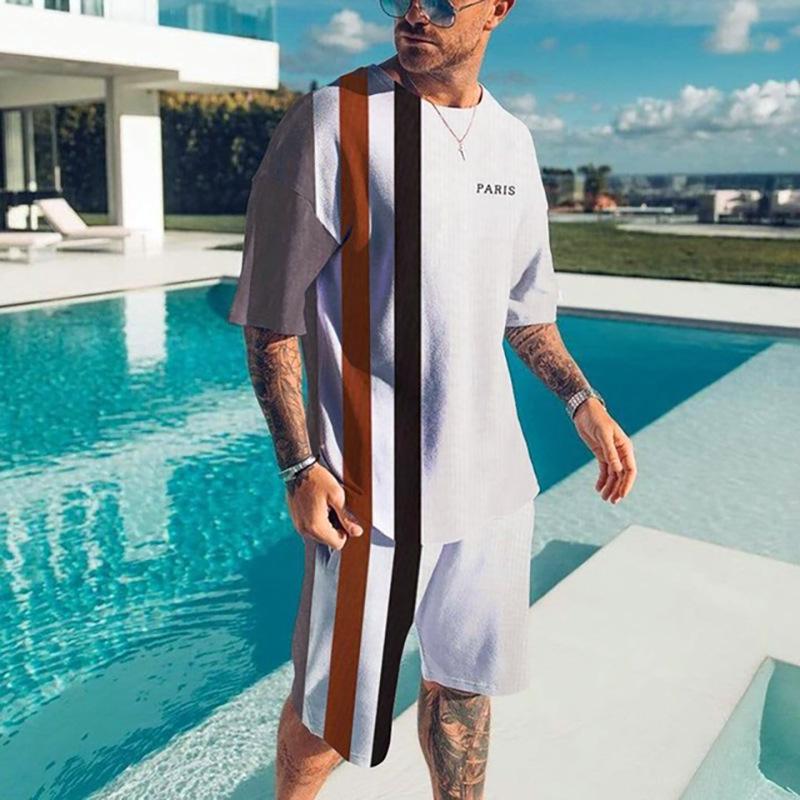 Men's 3D Printed Sports Two-Piece Set O-Neck T-Shirt Striped Print Casual Fitness Short Sleeve Tops Shorts