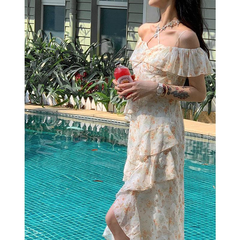 Floral suspender dress female sweet wind romantic irregular chiffon short sleeve long skirt