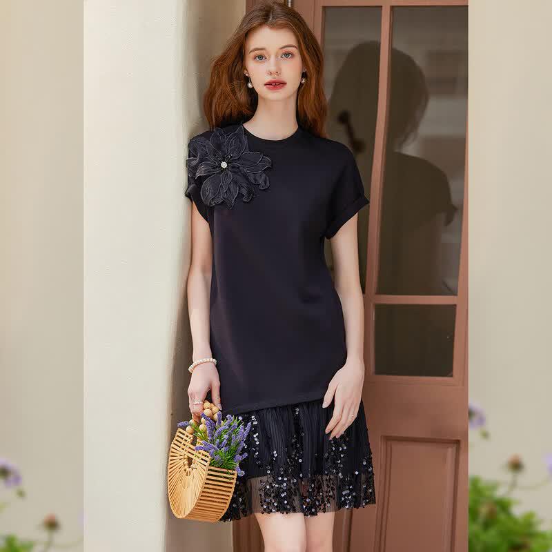Elegant Women s 3D Floral Sequin Mesh A-Line Midi Dress L