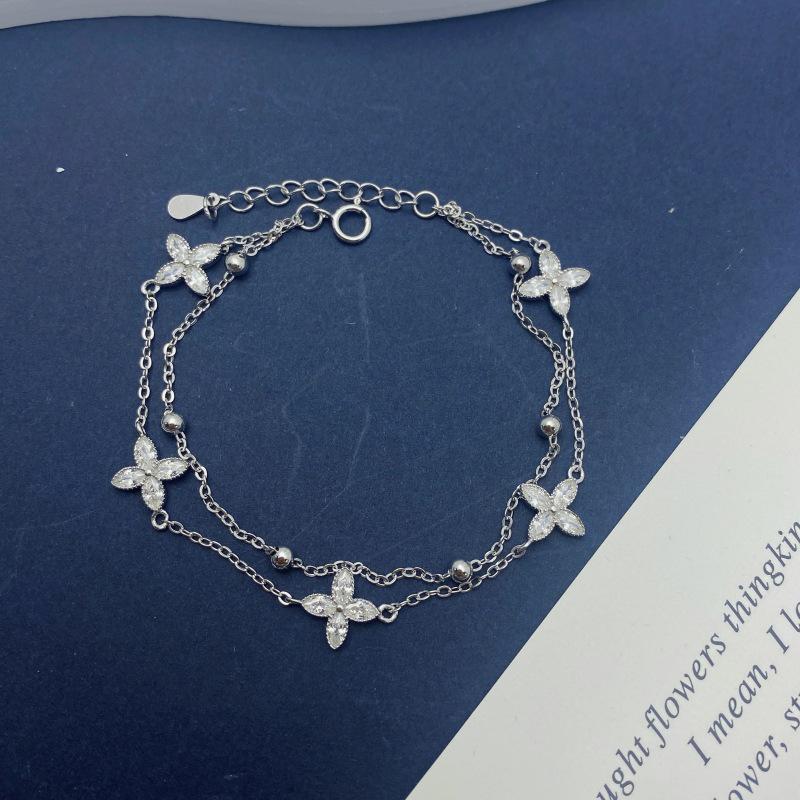 S925 Sterling Silver Double Layer Four-Leaf Clover Bracelet for Women - Fashionable, Versatile, Light Luxury Gift for Girlfriend 925 Sterling Silver