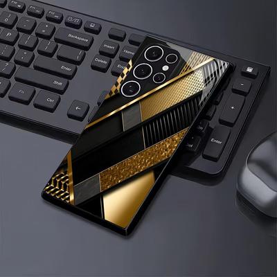 Gold Patterned Black Glass Phone Case Suitable for Samsung Galaxy S26 S25 S24 S23 S22 S20 FE/Ultra/Plus Anti Drop Back Cover