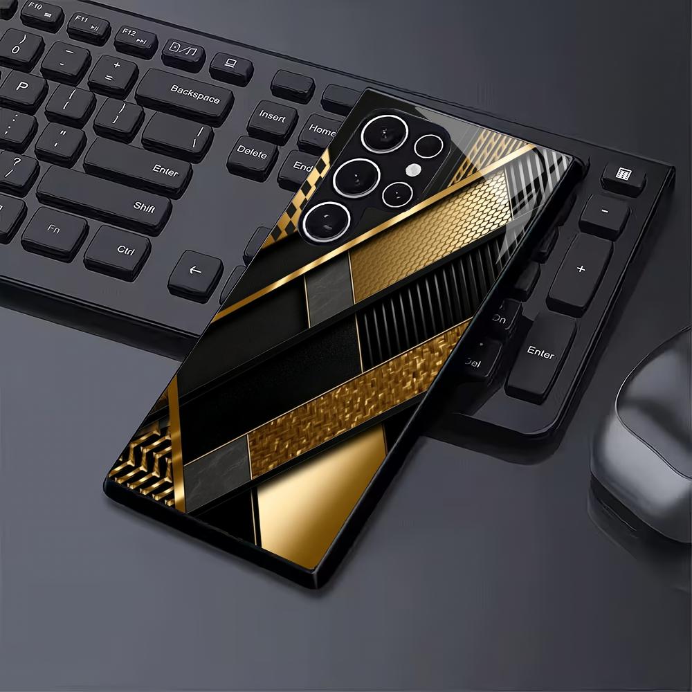 Gold patterned black glass phone case suitable for Samsung Galaxy S26 S25 S24 S23 S22 S20 FE/Ultra/Plus anti drop back cover