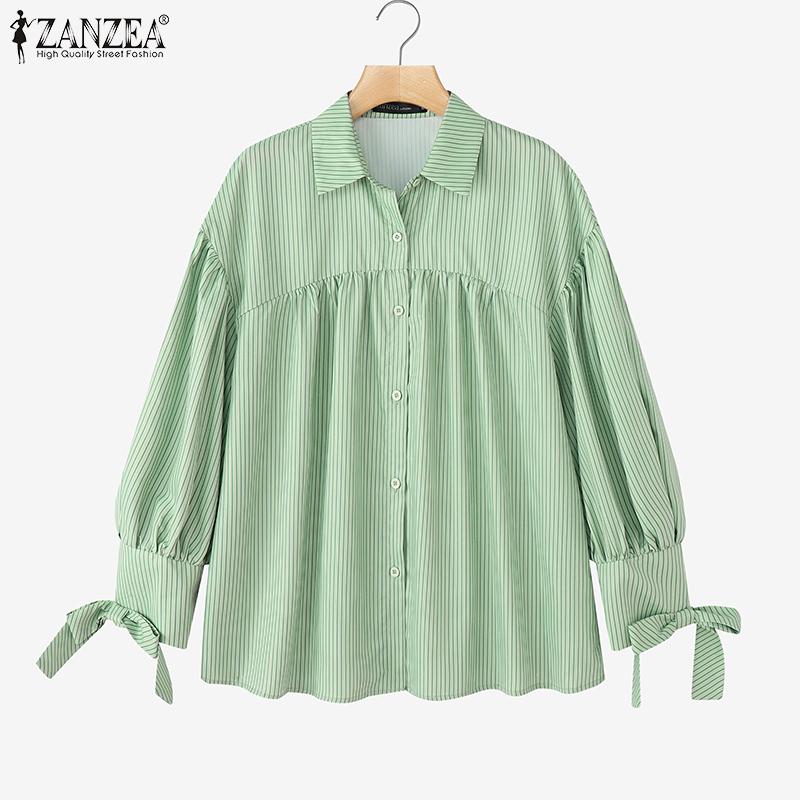 ZANZEA Women Turn Down Collar Loose Long Sleeve Stripe Blouse