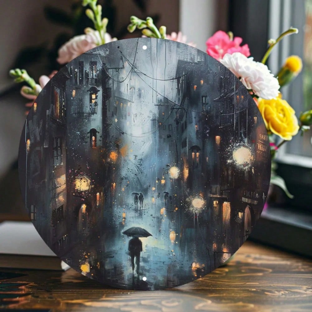 

Metal Wall Art Round Rainy Cityscape Aluminum Sign Streetlight Weatherproof Decor for Office Man Cave 20x20