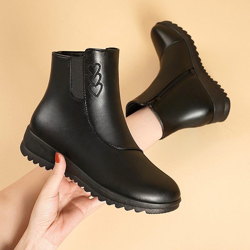 Winter Soft Leather Cotton Shoes Non-slip Soft Sole Medium Flat Bottom Short Boots Cotton Boots Velvet Warm Leather Boots