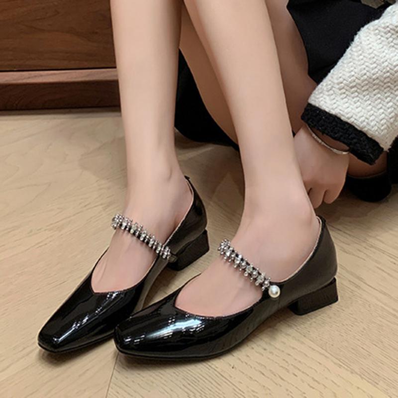 Women Genuine Leather Pumps Elegant Crystal Pearl Strap Women Mary Jane Shoes Sheepskin Low Heel Burgundy Single Pumps 34-39