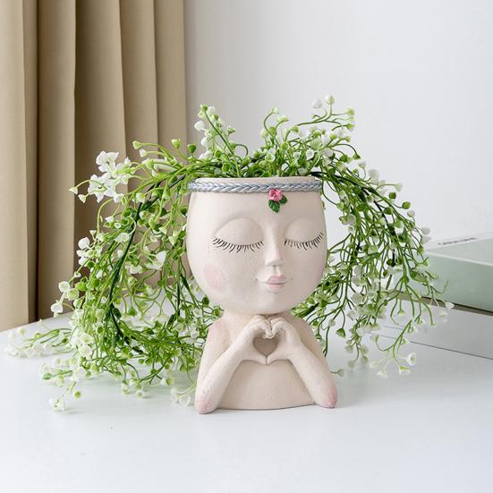 Succulent Planter Little Girl Closed Eyes with Heart Gesture Drainage Hole Face Nordic Sculpture Flower Pot Greenery Accessories