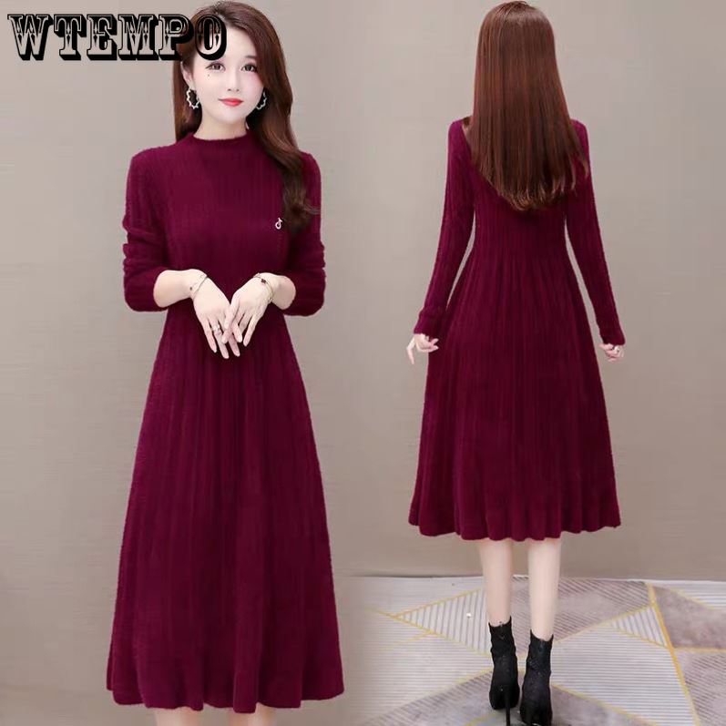 Long Knitted Dress for Women Autumn Solid-color Sweater Dress Imitating Mink Fur Cinched Waist and Trendy Solid-color Long-sleeved Knitted Sweater