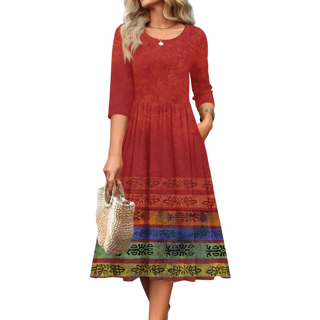 3/4 Sleeve Women's Dress Casual Flowy A-Line Midi Tshirt Dresses With Pockets Crewneck Vocation Boho Beach Sundress