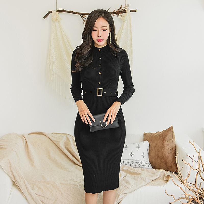 Otoño elegante de un solo pecho de mujer vestido suéter cuello redondo fajas de manga larga Vestidos elásticos vestido de punto hasta la rodilla para mujer