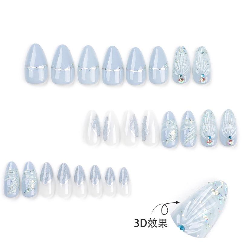Cross-border hot-selling wearing nail pads finished products wholesale cool color 3D water drop shell manicure almond fake nails