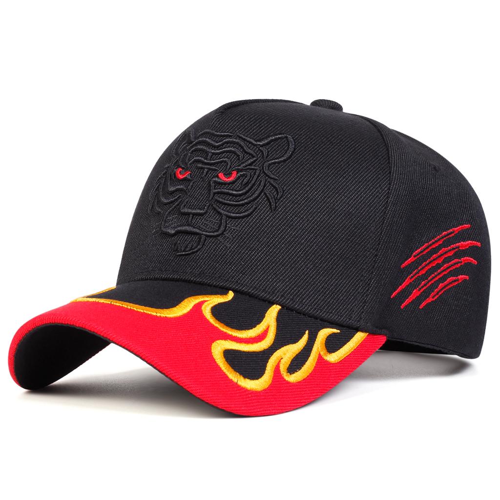 Men Brim Flame Tiger Embroidered Baseball Cap Outdoor Adjustable Sunscreen Leisure Hat Spring Autumn Travel Tourism Beach Vacation